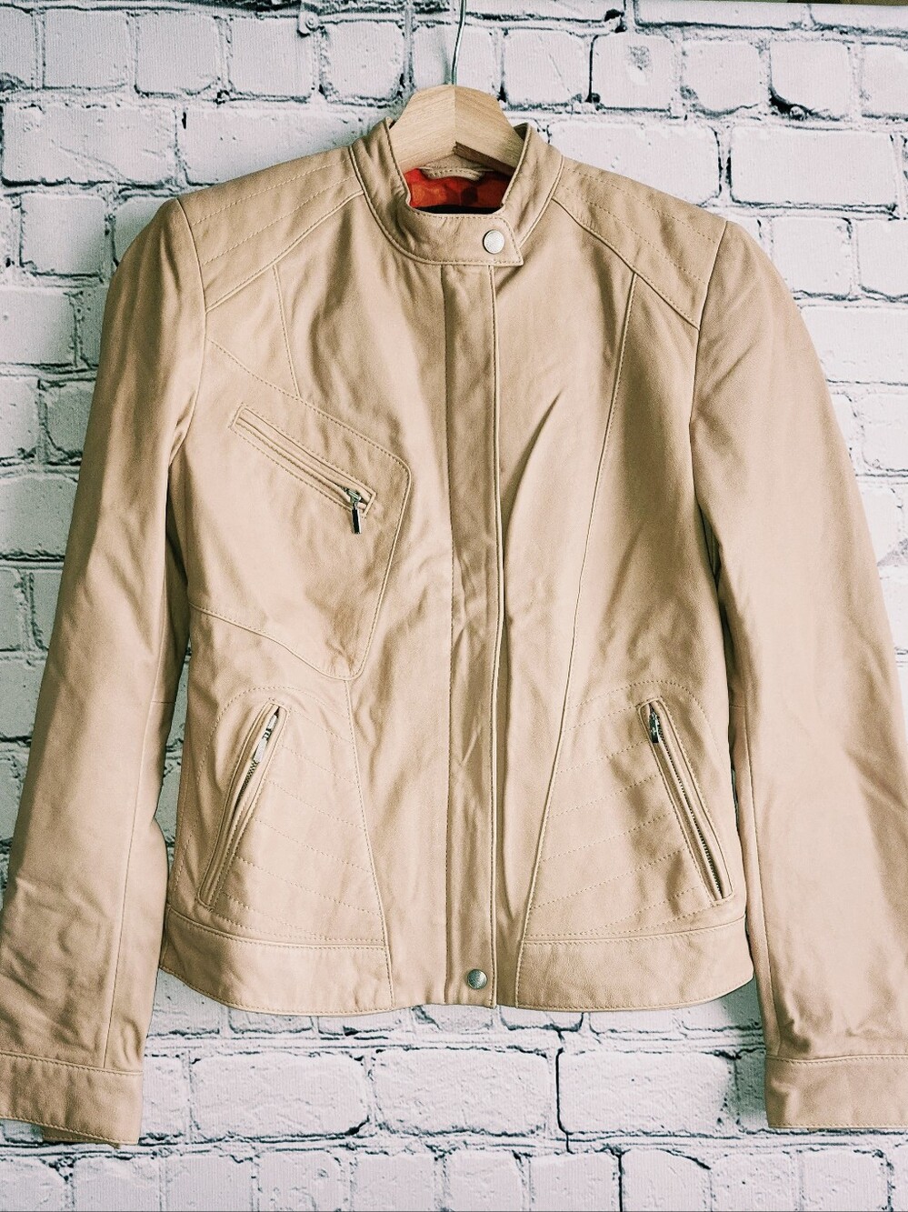 Cole Haan Light Cream Leather Moto Jacket